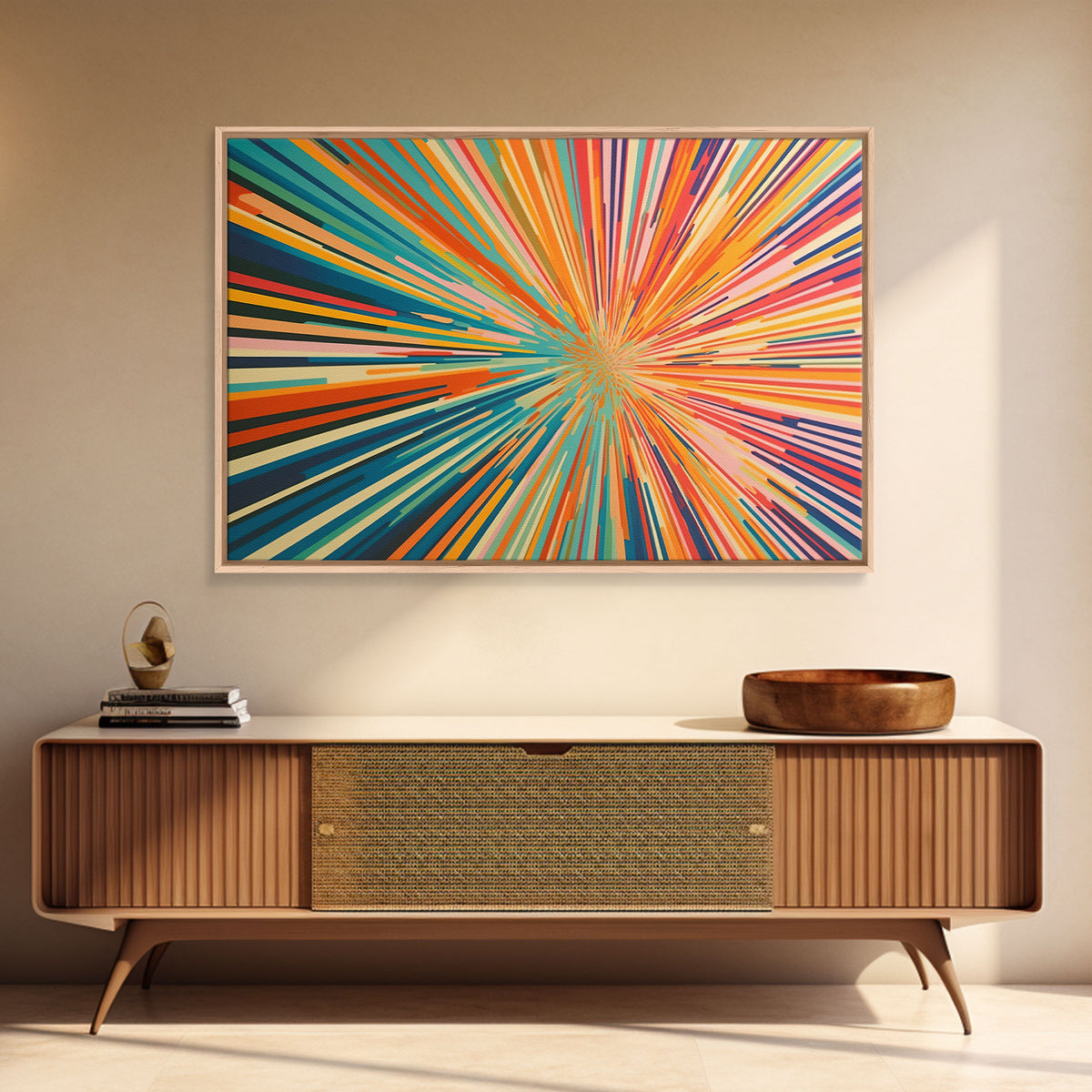 MCM Mid Century Modern Retro Canvas Print Mid Century Wall Art Large Wall Art Geometric Art in Teal Coral and Yellow "Light Speed Tunnel"
