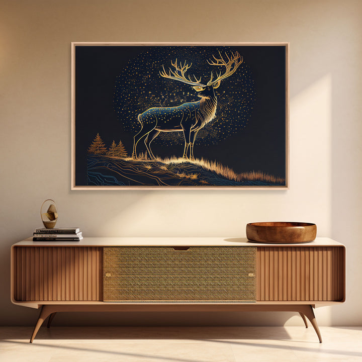 Deer made of stars, reflection stag, framed canvas print, unique wall art, starry night stag