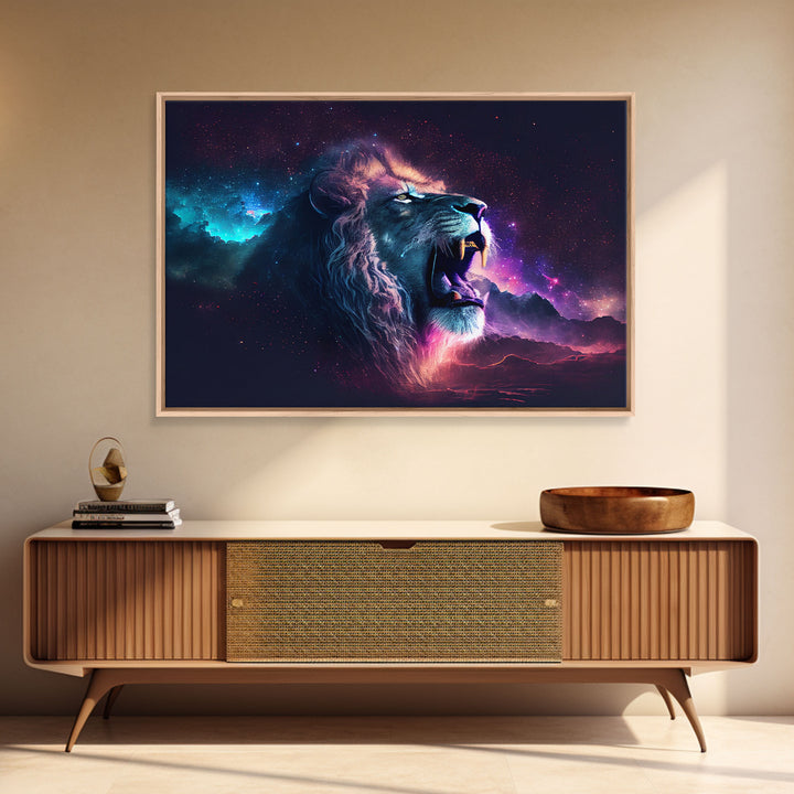 Cosmic Roar, lion roaring at the stars, synthwave galaxy and lion art, framed canvas print, unique framed wall art