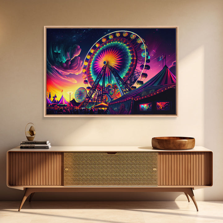 Synthwave ferris wheel watercolor art, framed canvas print, colorful vibrant wall decor, framed wall art