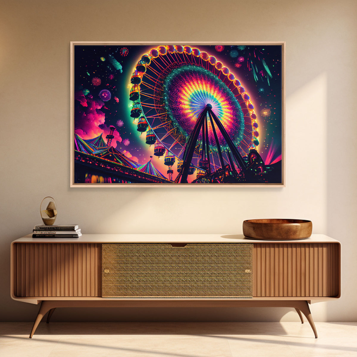 Colorful boardwalk art, neon lit night time ferris wheel, framed canvas print, framed wall art