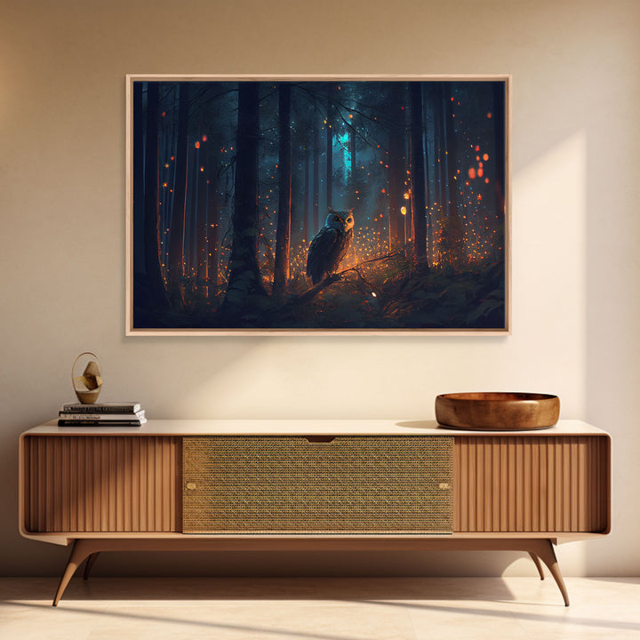 Fantasy forest art, Fireflies and the owl at midnight, framed canvas art, framed canvas print