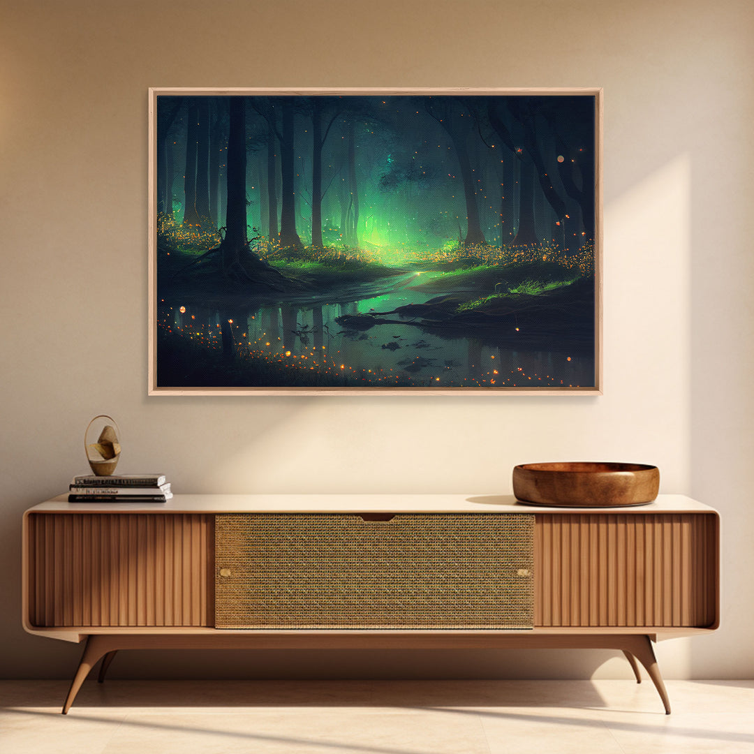 Fireflies In Forest Swamp Night Green Wall Poster, Wall Decor, Wall Art Print, Fine Art Print