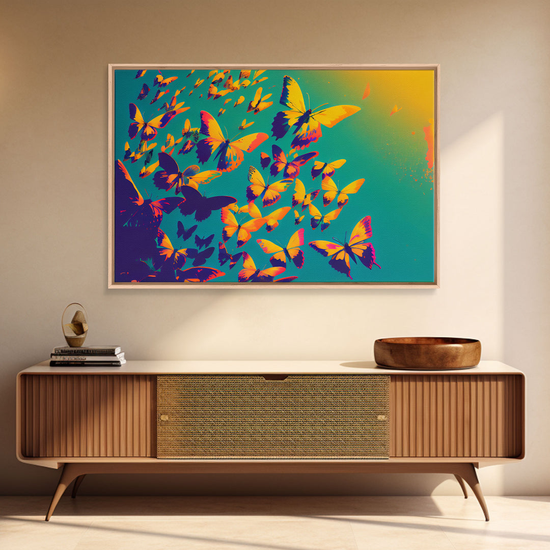 Synthwave Tangerine butterflies, beautiful butterfly art, framed canvas print, framed wall art