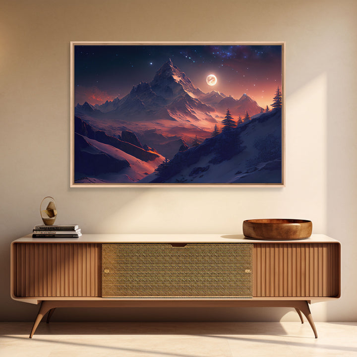 Mt. Everest Art, full moon over a mountain landscape, watercolor, framed canvas print, unique wall art