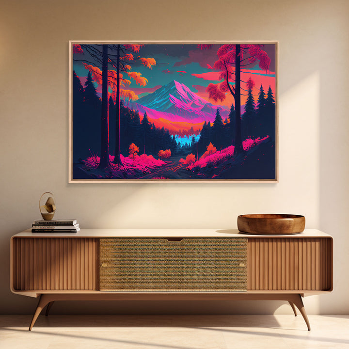 Synthwave style watercolor painting of a mountain and forest, framed canvas print, colorful wall art