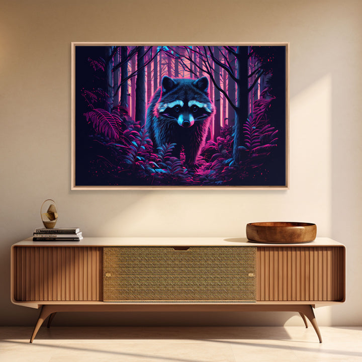 Cute racoon in the forest, vaporwave aesthetic animal art, framed canvas print, colorful animal art