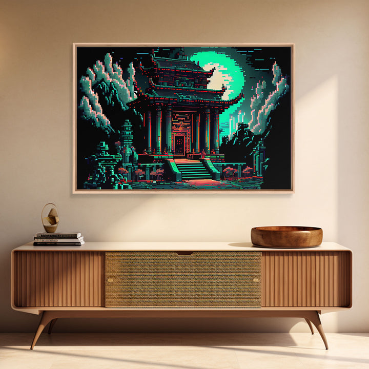 Japanese Pagoda pixel art, cyberpunk style pagoda, framed canvas print