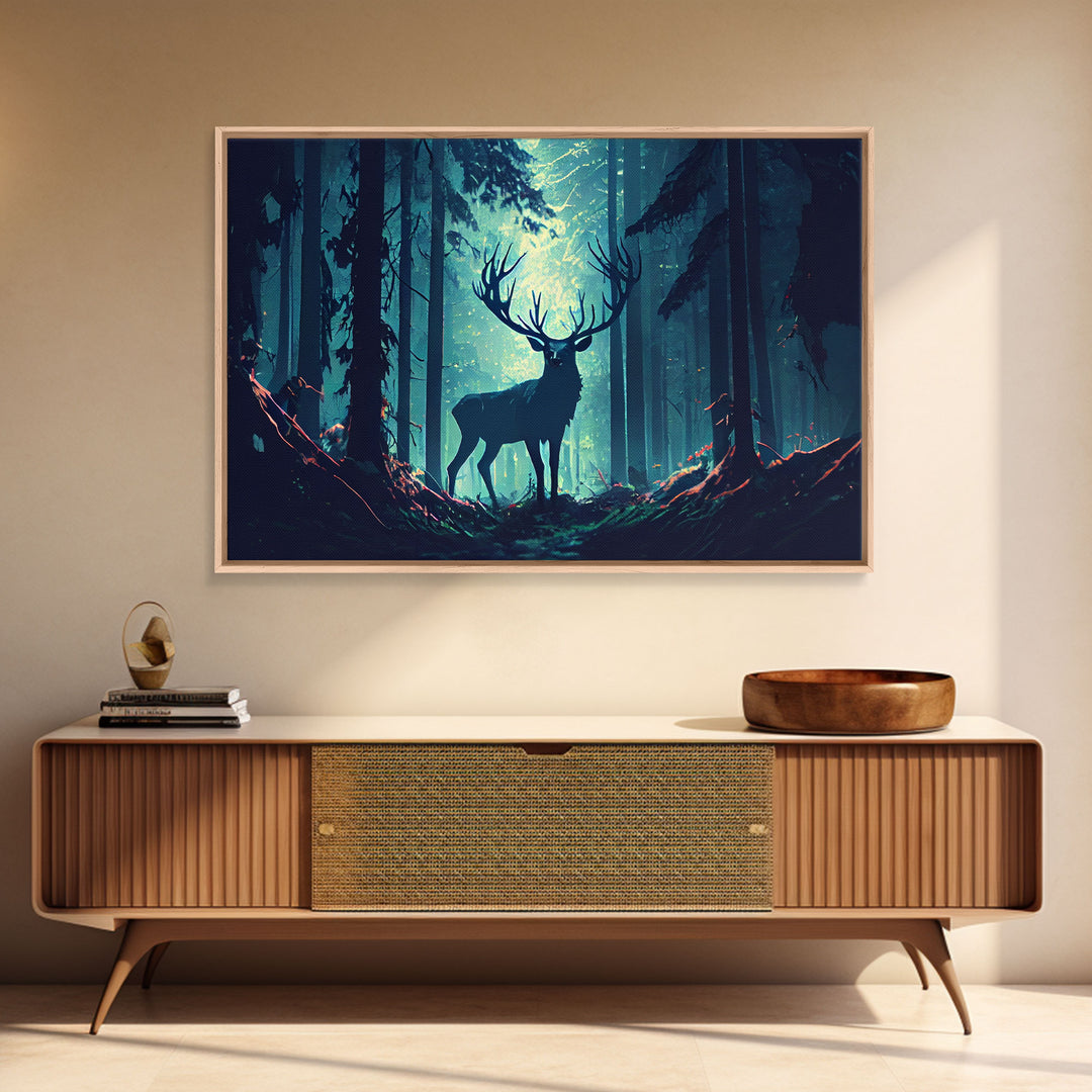 Mythical stag in the forest, fantasy art, framed canvas print, mythical creatures