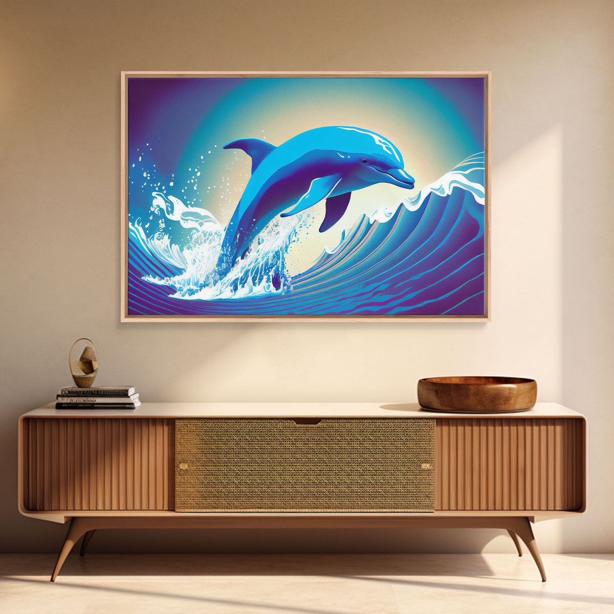 Dolphin riding a wave, cute animal prints, vaporwave animal art, framed canvas print