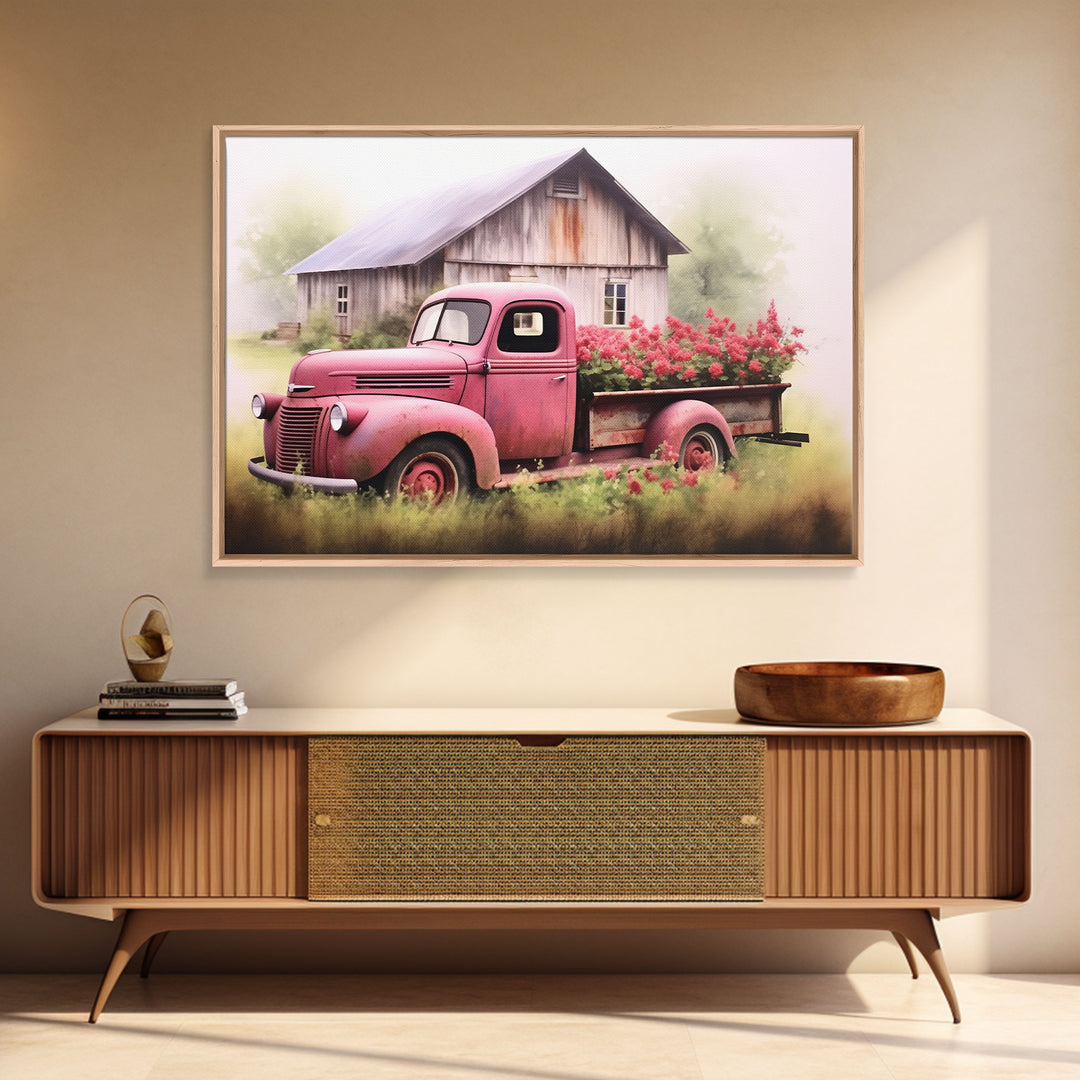 Old Pink Truck Used As a Flower Bed, Framed Canvas Print Or Poster, Rustic Farmhouse Decor, Primitive Art, Country Home Art
