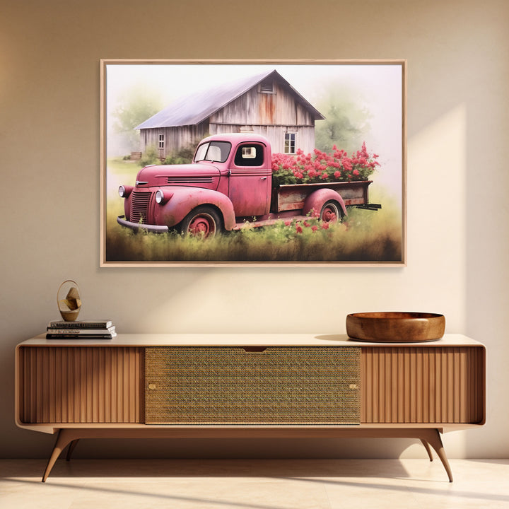 Old Pink Truck Used As a Flower Bed, Framed Canvas Print Or Poster, Rustic Farmhouse Decor, Primitive Art, Country Home Art