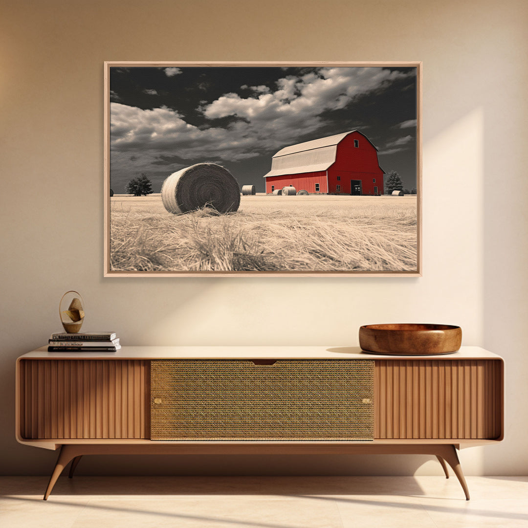 Wide Open Spaces, Red Barn Under A Storm Canvas Print, Rustic / Minimalist Cottagecore Wall Art, Framed Canvas Print, Hay Bale Art, Liminal