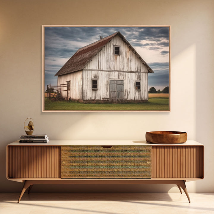 Rustic Farmhouse Wall Decor, White Barn Landscape Print, Farmhouse Living Room Decor, Farmhouse Kitchen Decor, Original Art, Old Barn Photo