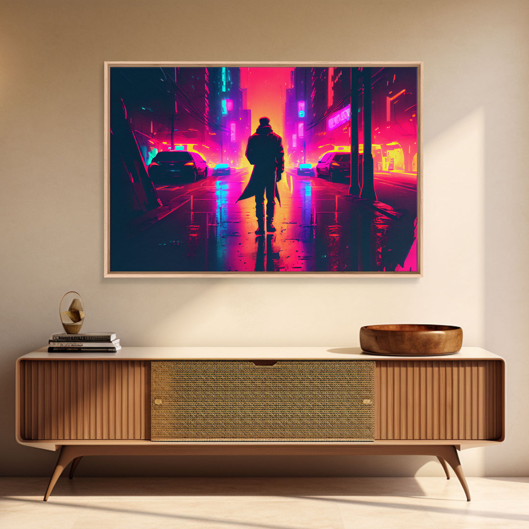 Cyberpunk bounty hunter art, vaporwave synthwave dystopian cityscape, framed canvas print
