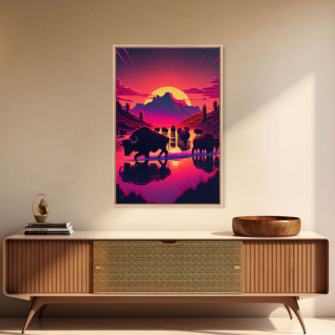 North American Buffalo at Sunset, Western Decor, framed canvas print, bison art, primitive farmhouse decor