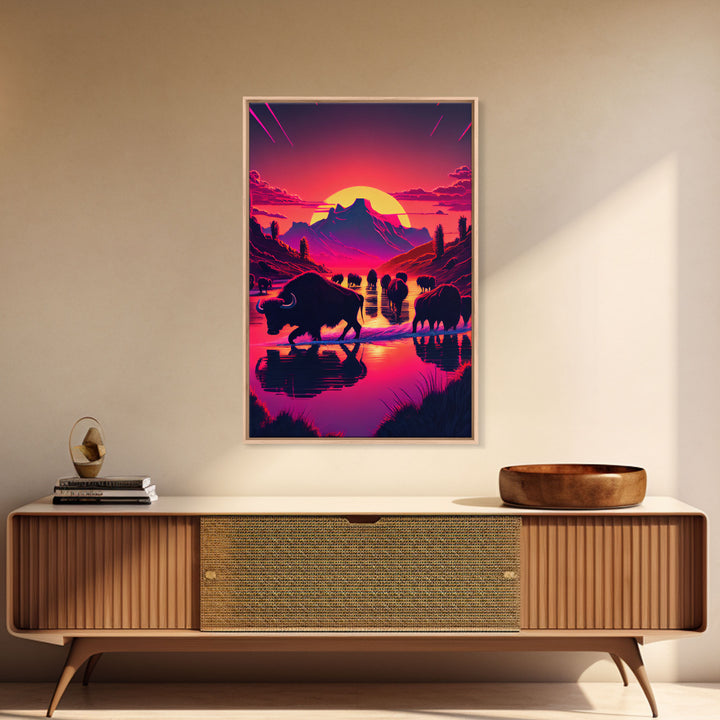 North American Buffalo at Sunset, Western Decor, framed canvas print, bison art, primitive farmhouse decor