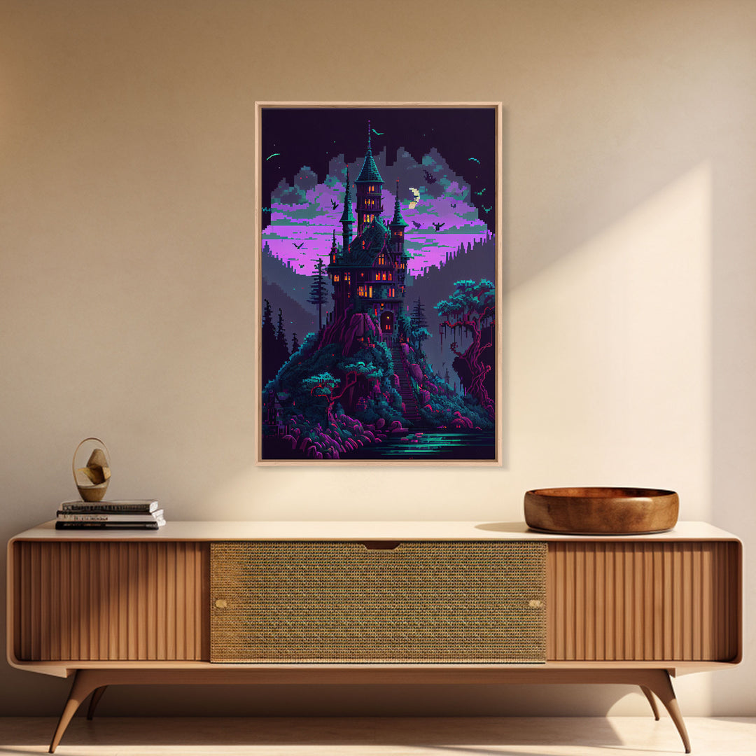 Transylvania Art, Cool Medieval castle 8 bit pixel art, fantasy art, framed canvas print, Cool castle art