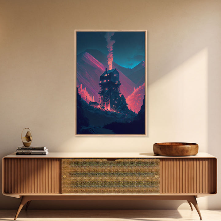 Fire-Watch, Watch Tower art, vaporwave aesthetic wall art, framed canvas print