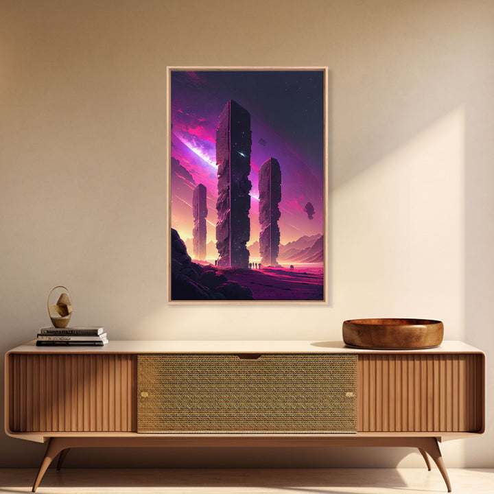 The Monoliths, Scifi art, retro synthwave style alien planet art, framed canvas print
