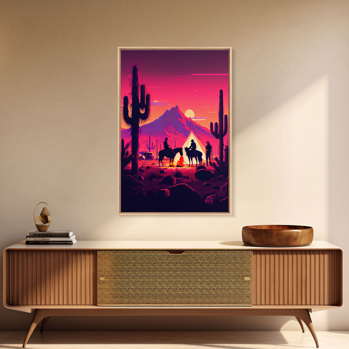 Wild West Outlaw decor, camping in the Arizona desert, Cactus art, framed canvas print