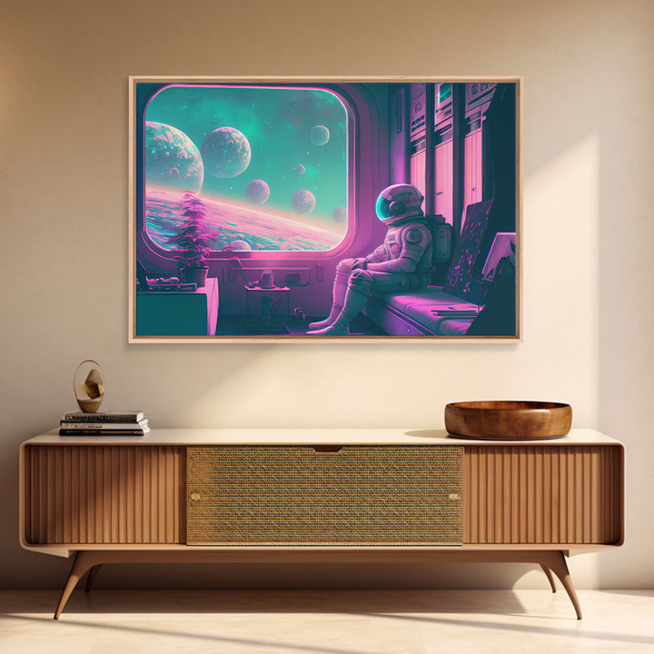 Vaporwave Aesthetic Scifi Art, In Transit, Astronaut riding the space train, framed canvas print