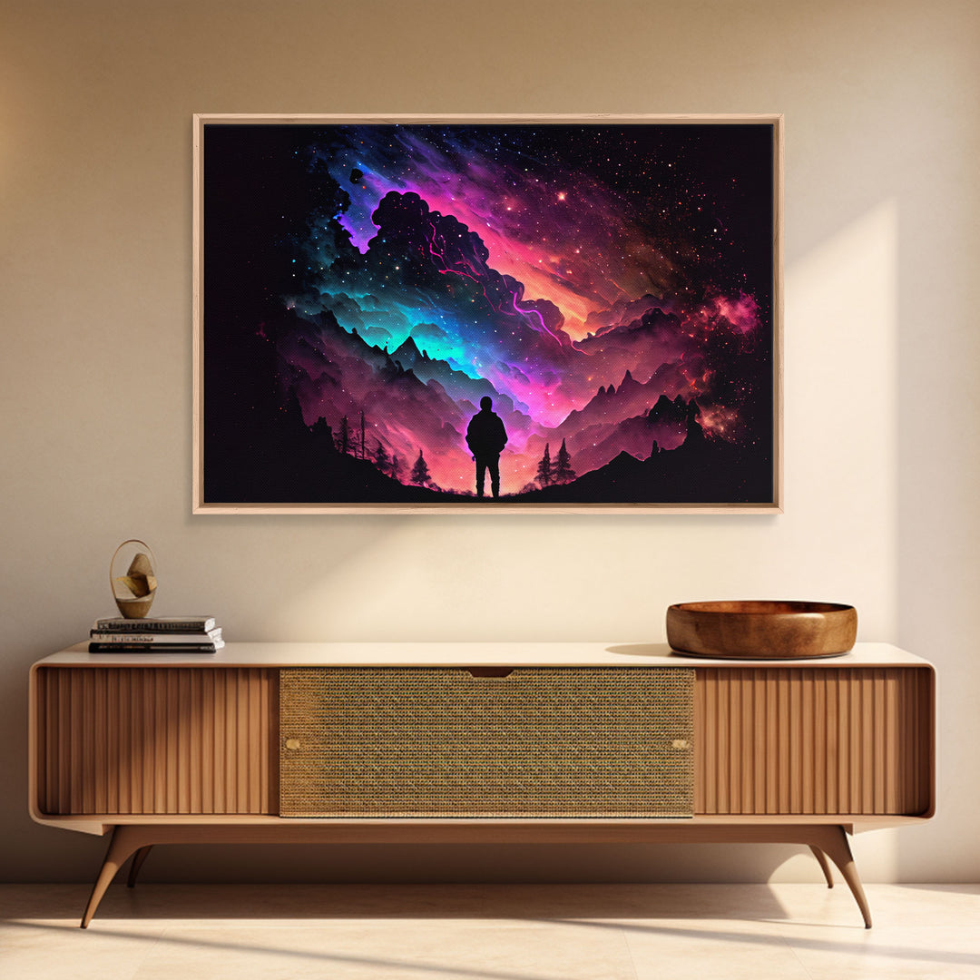 Contemplating the Universe, retro style space art, framed canvas print, synthwave space decor