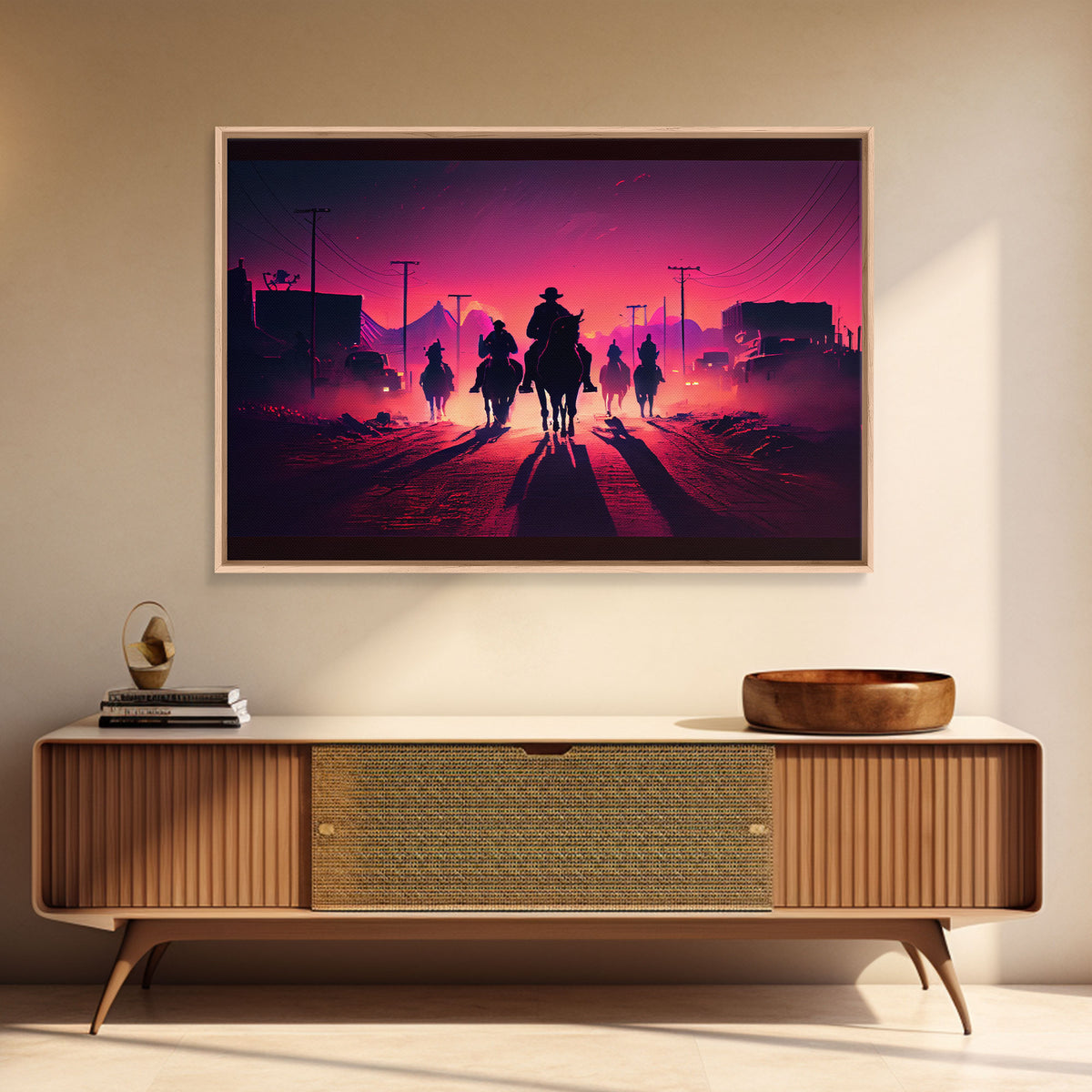 Retro Synthwave Style Post-Apocalyptic Cowboys, framed canvas print, retro outrun style wild west art
