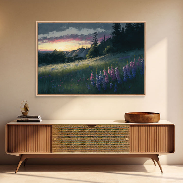 Watercolor of a beautiful landscape at sunset, rustic farmhouse decor, primitive art, cabin art, wall decoration