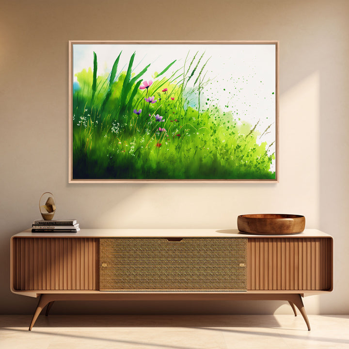 Modern Farmhouse Wall Art, Boho decor, Minimalist whimsical wall art, framed canvas print of beautiful wild flowers blowing in the wind