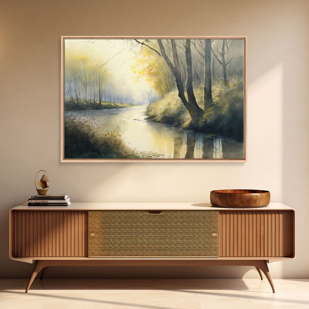 Watercolor | Framed Canvas Print | Bendy River Landscape | Wall Decoration | Modern Farmhouse | Wall Decoration