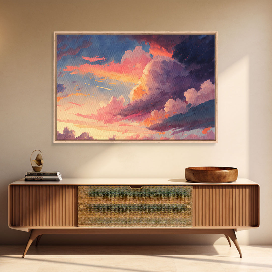Pink Clouds Sunset Art | Framed Canvas Print | Vintage Style Painting Print | Whimsical Boho Decor | Modern Farmhouse Art
