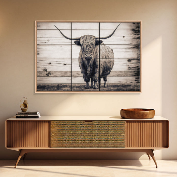 Rustic Cattle Art, Framed Canvas Print, Framed Wall Art, Primitive Rustic Minimalist Farmhouse Decor, Highland Cattle Distressed Art
