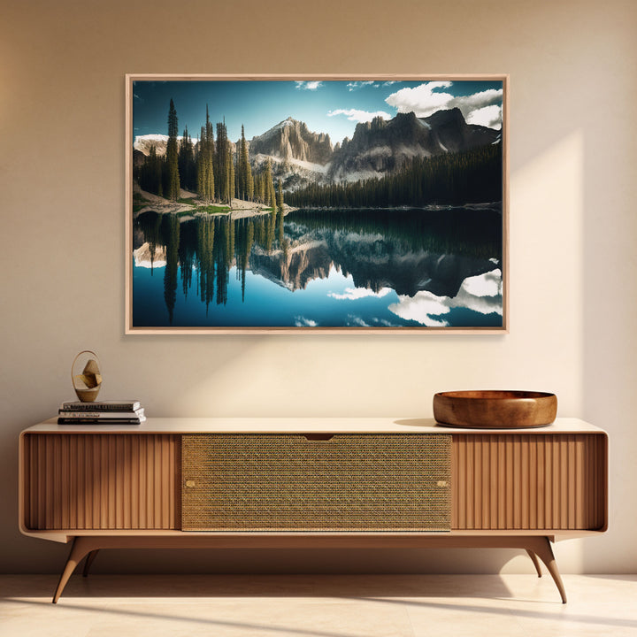 Reflections on a winter lake, watercolor landscape art, framed canvas print, pine tree winter forest