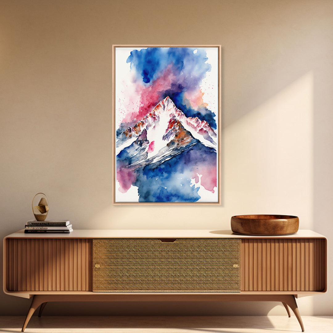 Red, White and Blue Mountain Landscape Watercolor, Framed Canvas Print, Colorful Unique Wall Art