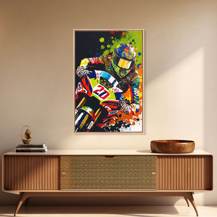 Pop Art Moto Racer, Motorcycle Art, WPAP Style, Framed Canvas Print, Graffiti style motorcycle art, dirt bike racer art