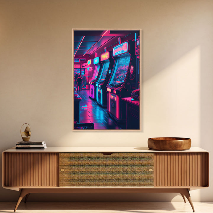 Game Room Decor, Framed Canvas Print, Synthwave Arcade, Boys Room, Gamer Gift, Gaming Wall Art, Video Game Posters, Teen Room