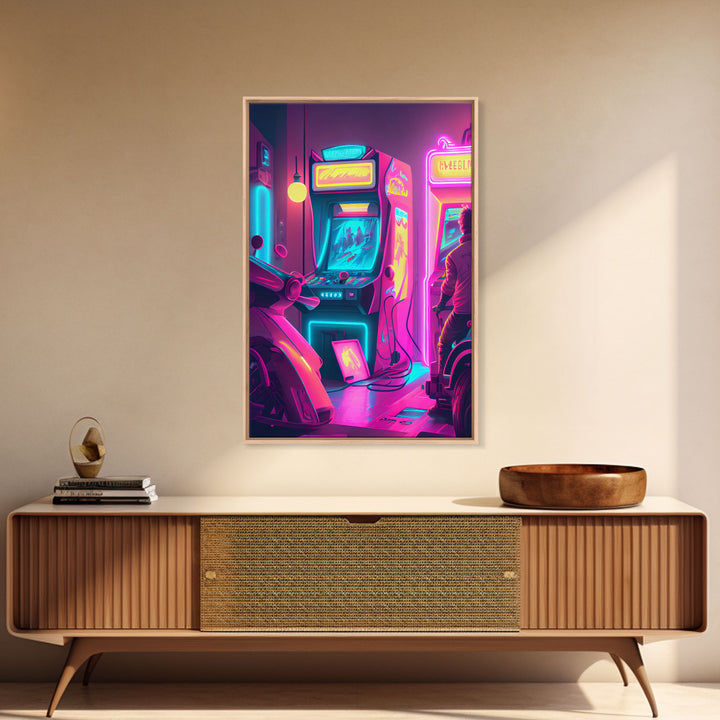 Game Room Decor, Framed Canvas Print, Synthwave Arcade, Boys Room, Gamer Gift, Gaming Wall Art, Video Game Posters, Teen Room
