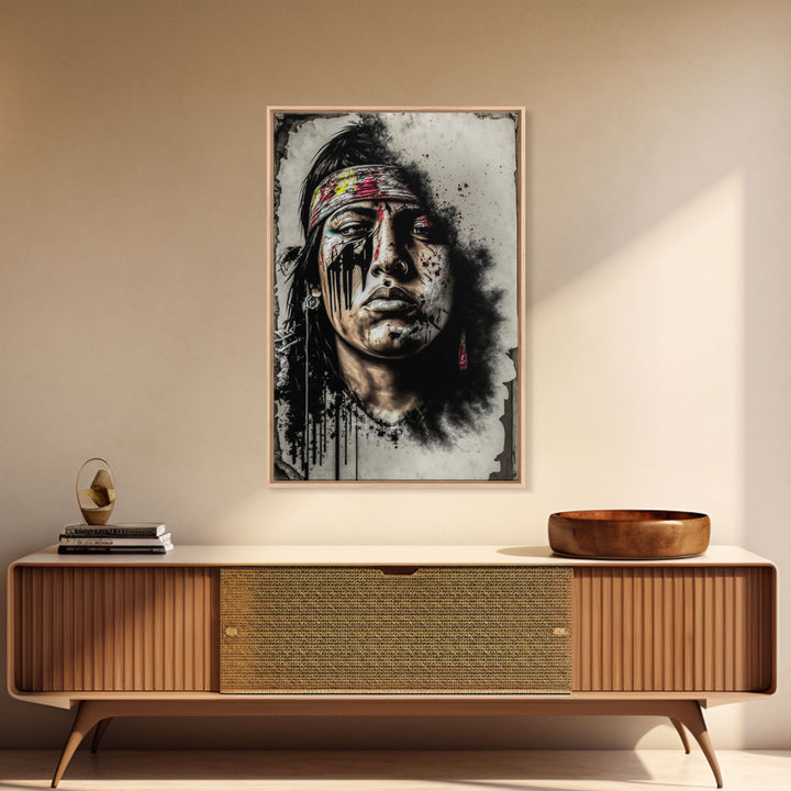 Brutal Graffiti Art, Native American Warriors Portrait, Framed Canvas Print