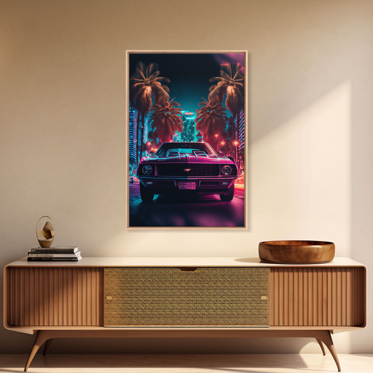American Muscle Car on Sunset Strip, Retro Synthwave Art, Framed Canvas Print, Gift For Him, Muscle Car Art