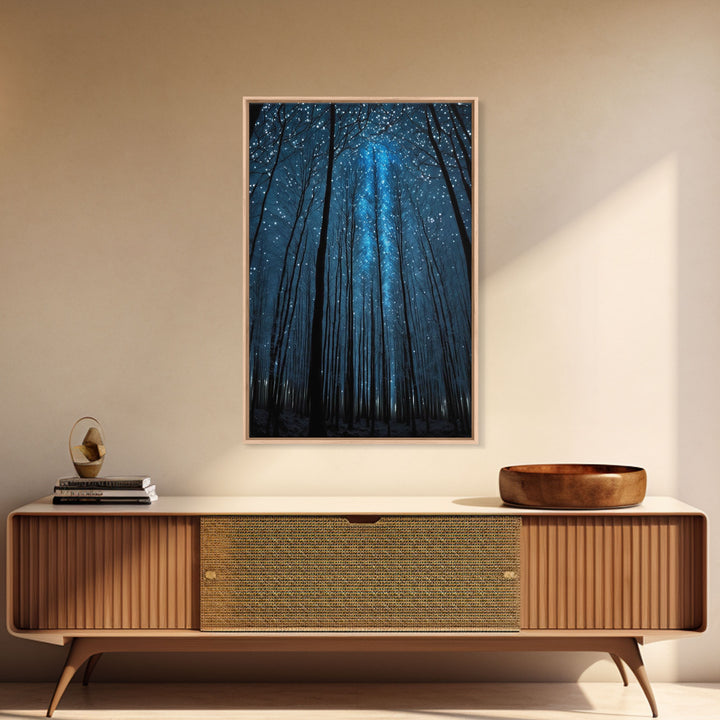 Birch Tree Forest At Night, Starry Night Sky, Framed Canvas Print, Boho Minimalist Farmhouse Decor, Primitive Art