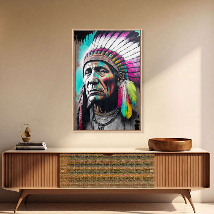 The Warrior, Native American Chief, Graffiti Art Portrait, Framed Canvas Print, Rainbow Feather Mohawk, Pop Art Portrait
