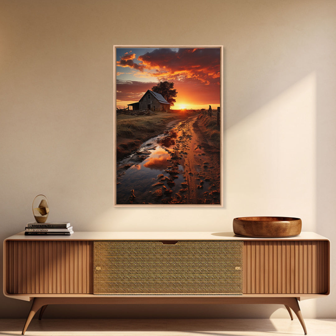 Storm Rolling In Over Country Roads at Sunset, Cottagecore Art, Framed Canvas, Poster Print, Wall Art, Primitive Wall Art, Redneck Art