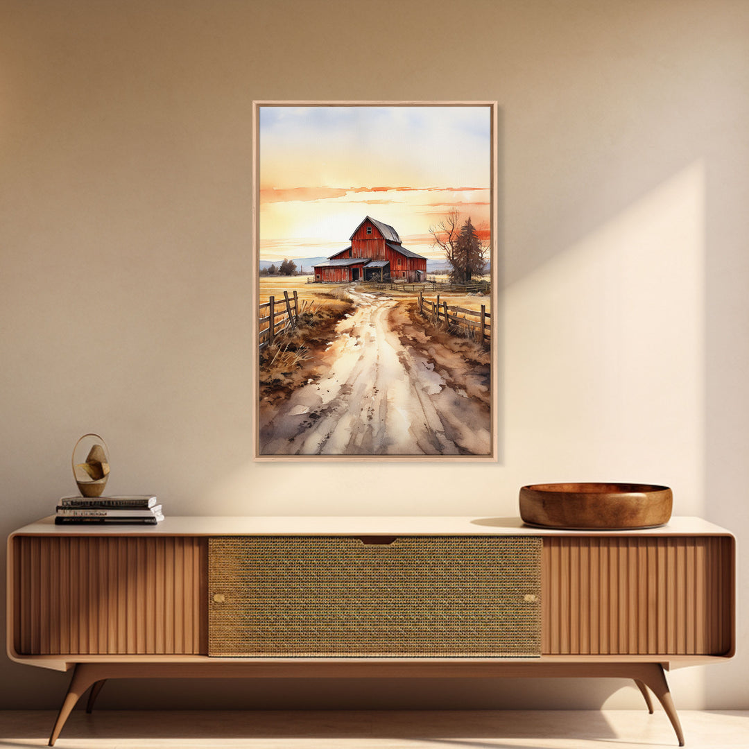 Sunset Over A Red Barn, Watercolor Painting Canvas Print, Country Poster Art,  Framed Canvas, Country Roads, Rustic Farmhouse Decor