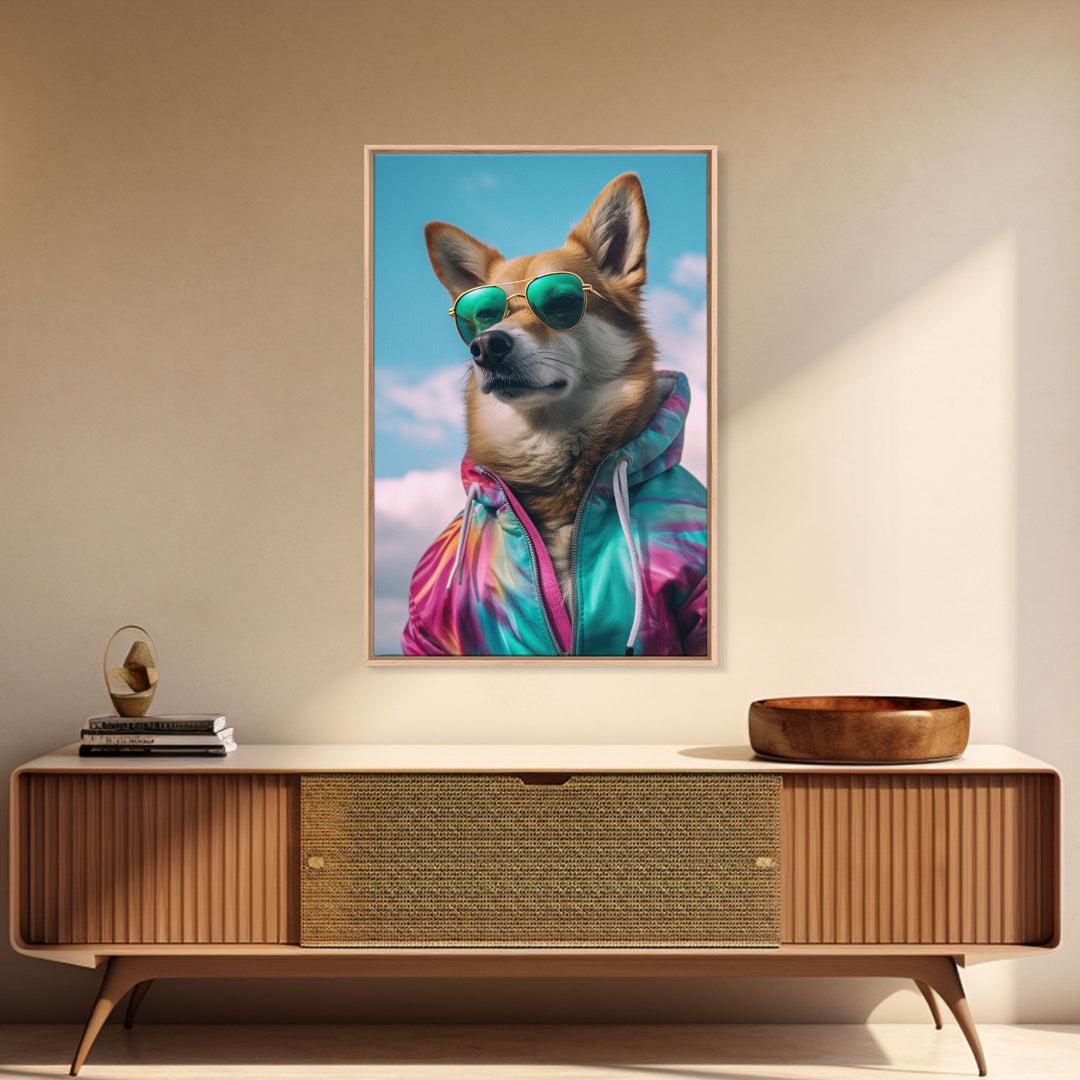 Shiba Inu Wall Print, Dog Wall Art, Dog With Shades, Colorful Hoodie, Funny Art, Framed Wall Art, Framed Canvas, Wall Print, Wall Canvas