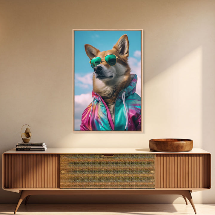 Shiba Inu Wall Print, Dog Wall Art, Dog With Shades, Colorful Hoodie, Funny Art, Framed Wall Art, Framed Canvas, Wall Print, Wall Canvas