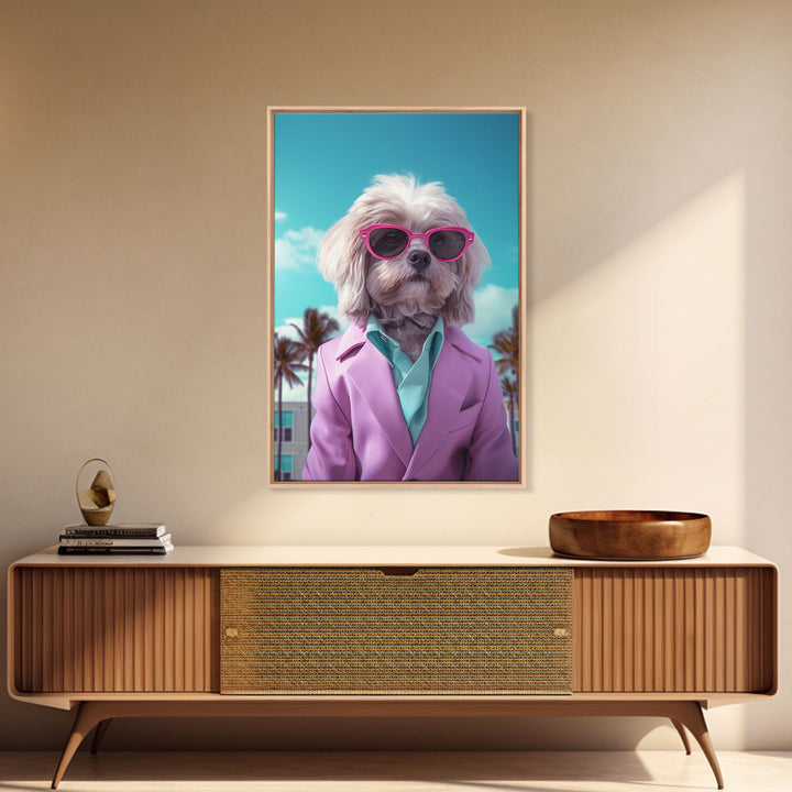 Shih Tzu Wall Print, Dog Wall Art, Dog Sunglasses, Pink Teal Suit, Funny Wall Art, Framed Wall Art, Framed Canvas, Wall Print, Wall Canvas