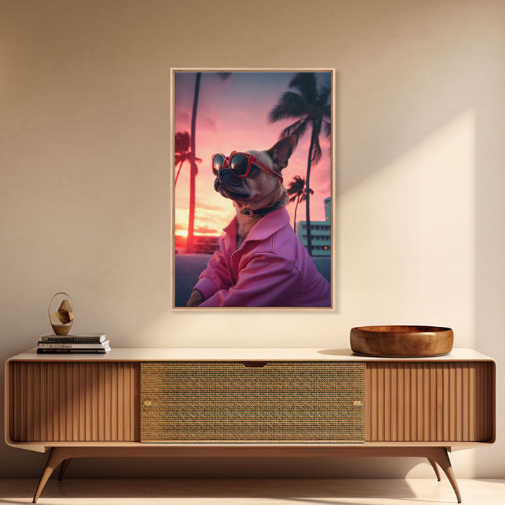 Pug Wall Print, Dog Wall Art, Dog Sunglasses, Dog In Pink Jacket, Funny Art, Framed Wall Art, Framed Canvas, Wall Print, Wall Canvas