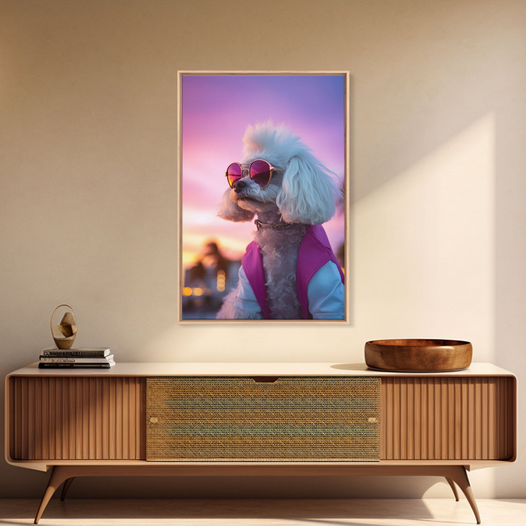 Poodle Wall Print, Dog Wall Art, Dog Sunglasses, Dog In Pink White Suit, Funny Art, Framed Wall Art, Framed Canvas, Wall Print, Wall Canvas