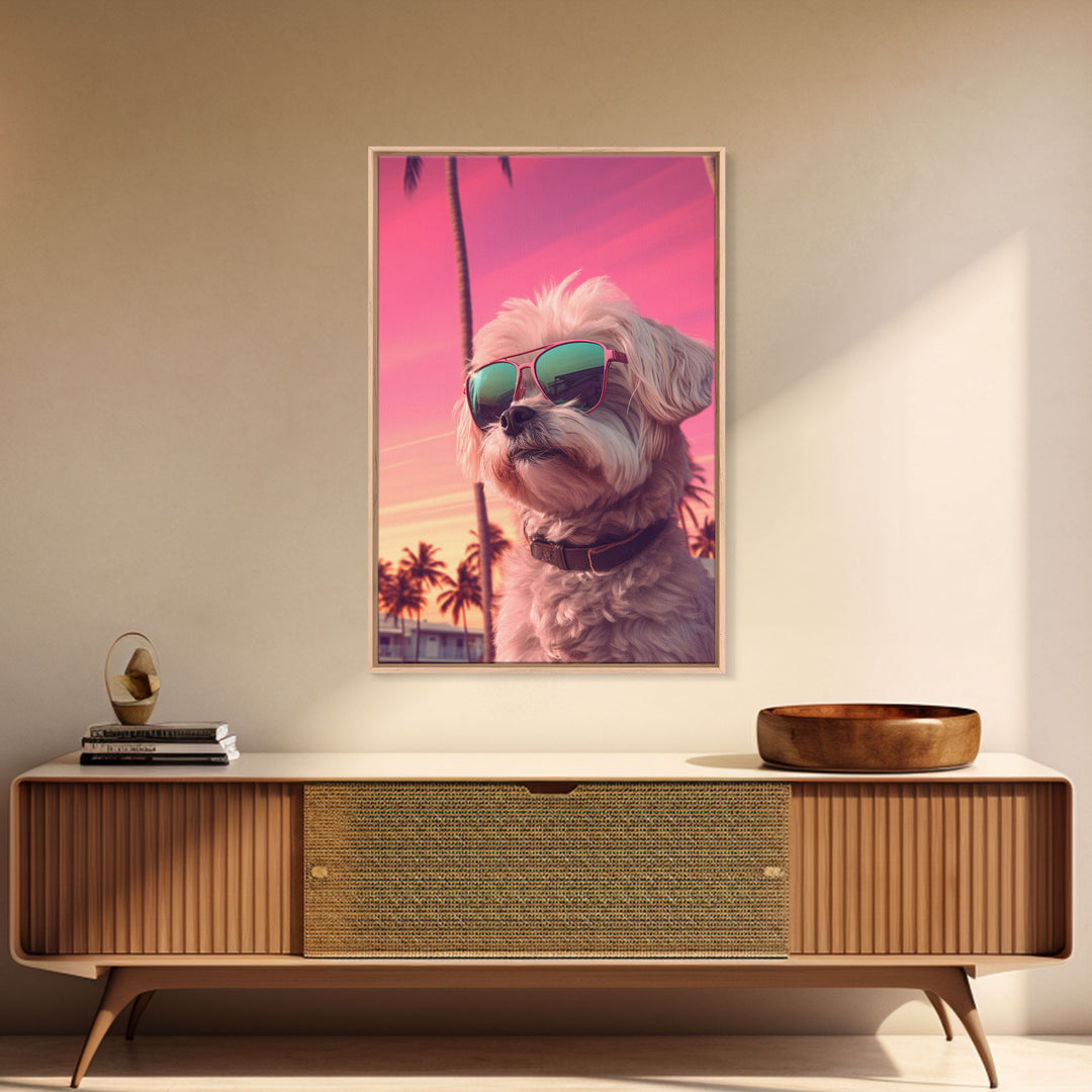 Shih Tzu Wall Print, Dog Wall Art, Dog Sunglasses, Palm Trees, Sunset, Funny Art, Framed Wall Art, Framed Canvas, Wall Print, Wall Canvas